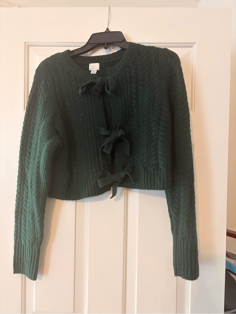 a new day Forest Green Cable Knit Bow-Tie Cropped Cardigan